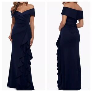 XSCAPE 4581XN Ruffled Off-The-Shoulder Gown Midnight size 14